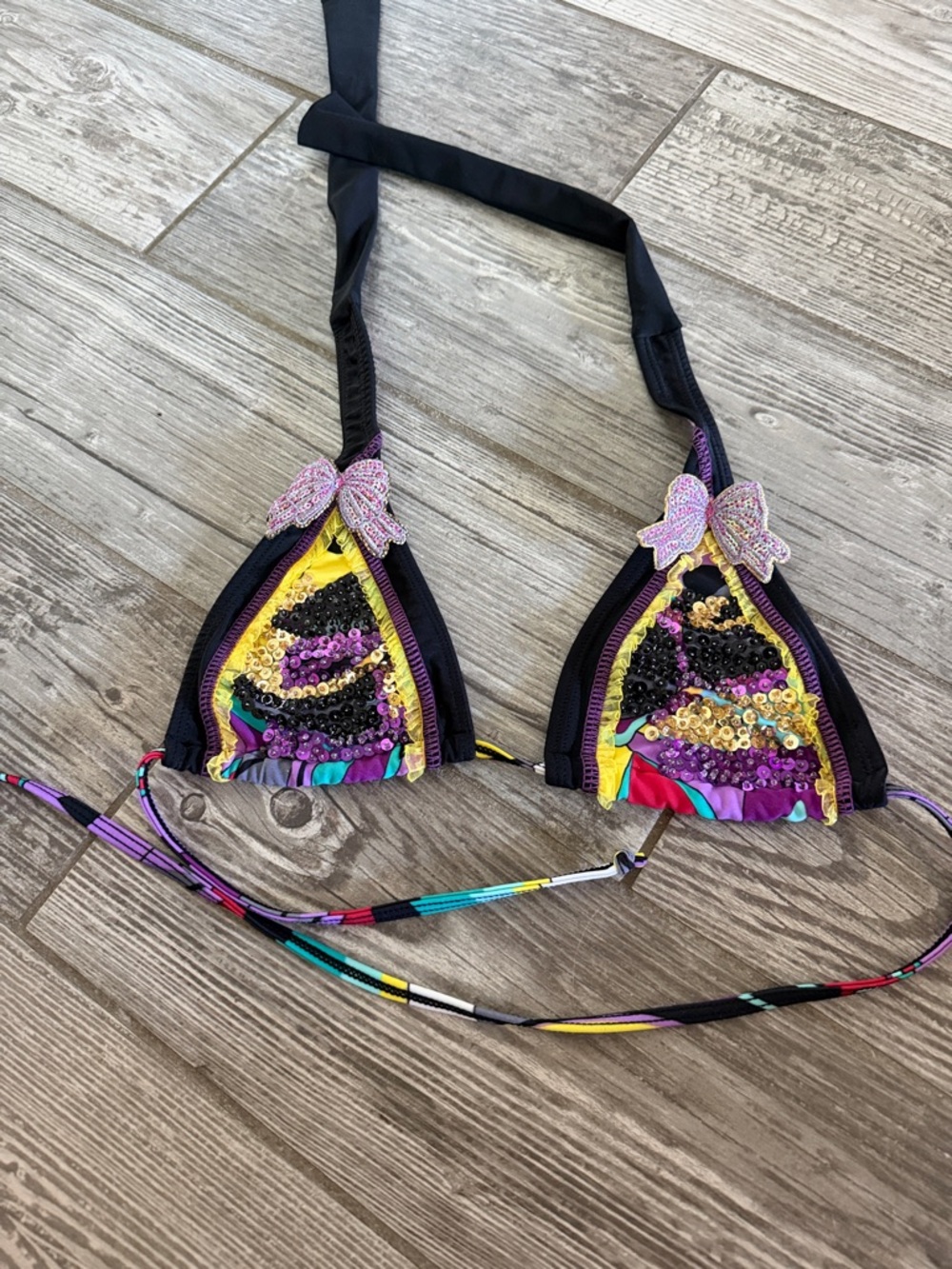 Babalu Sequin Butterfly Embellished Multicolor Triangle Bikini Top - Black Trim